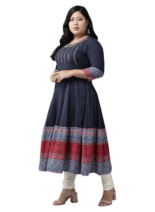 Yash Gallery Women's Cotton Embroidered 3/4 Sleeve Round Neck Indian Anarkali Kurta (Large, Blue) - Image 2