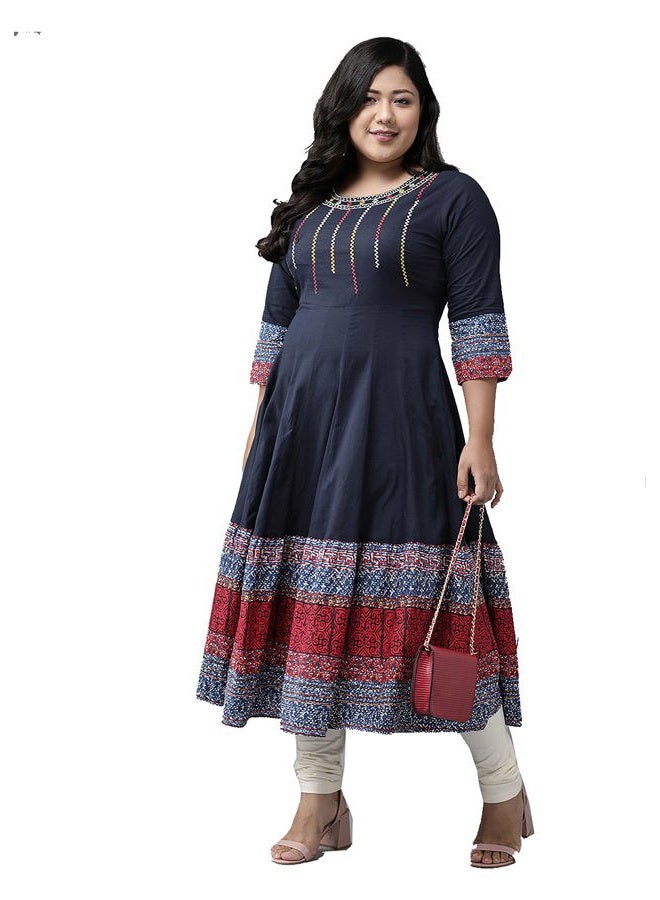 Yash Gallery Women's Cotton Embroidered 3/4 Sleeve Round Neck Indian Anarkali Kurta (Large, Blue) - Image 3