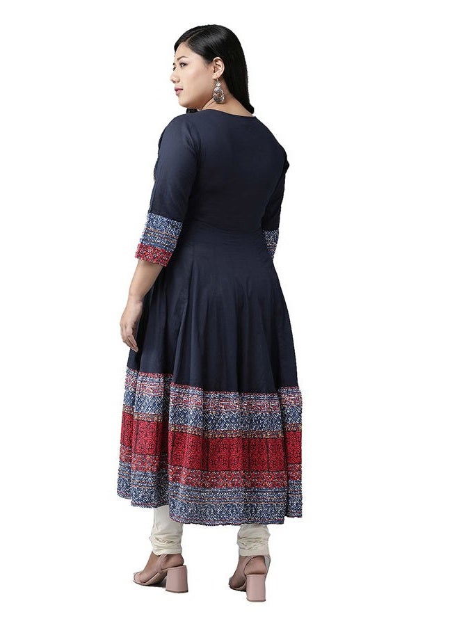 Yash Gallery Women's Cotton Embroidered 3/4 Sleeve Round Neck Indian Anarkali Kurta (Large, Blue) - Image 4