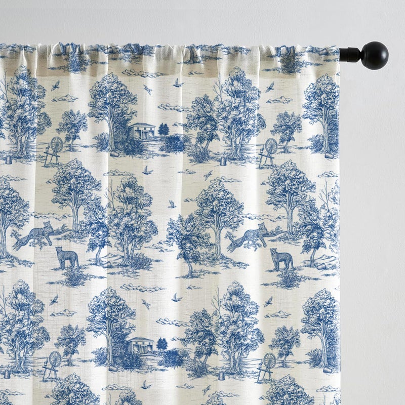 LOVOUS Vintage Blue Toile Curtains 84 Inch Length Linen Toile de Jouy Light Filtering French Country Window Curtain for Living Room Bedroom Rod Pocket Victorian Window Treatments Drapes,2 Panels Set - Image 2
