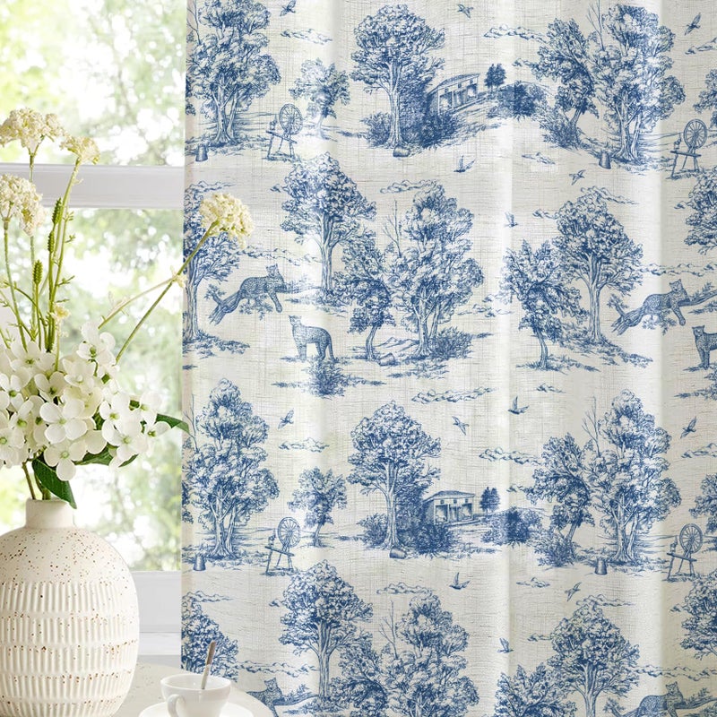 LOVOUS Vintage Blue Toile Curtains 84 Inch Length Linen Toile de Jouy Light Filtering French Country Window Curtain for Living Room Bedroom Rod Pocket Victorian Window Treatments Drapes,2 Panels Set - Image 4