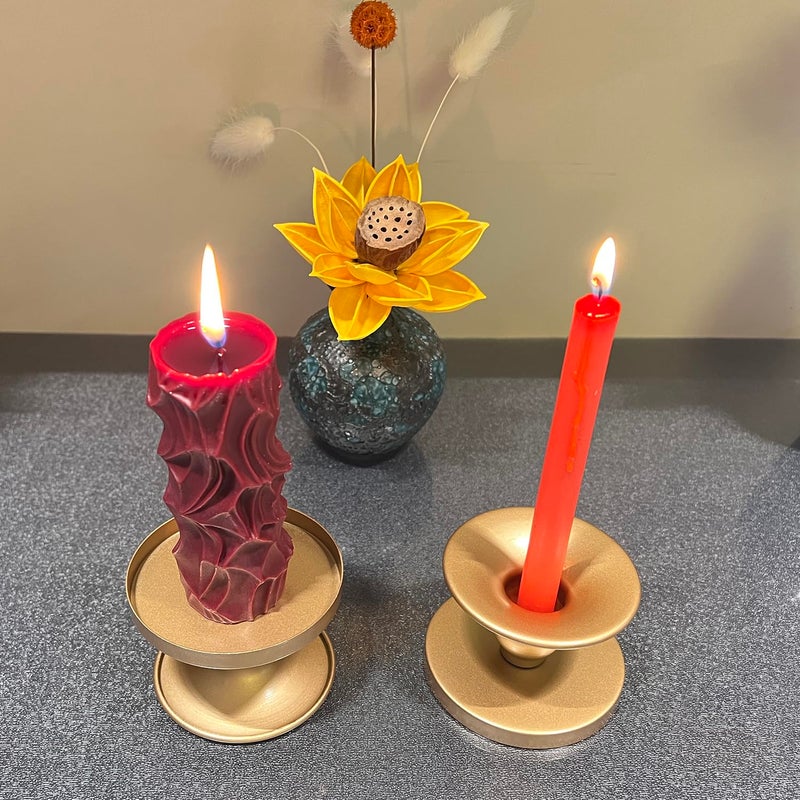 Auerllcy Table Gold Candle Holders â€“ Set of 2 | Reversible Metal Candle Stand for Pillar & Taper Candles | Stylish Tabletop Candle Tray for Home DÃ©cor, Weddings & Special Occasions (Gold) - Image 3