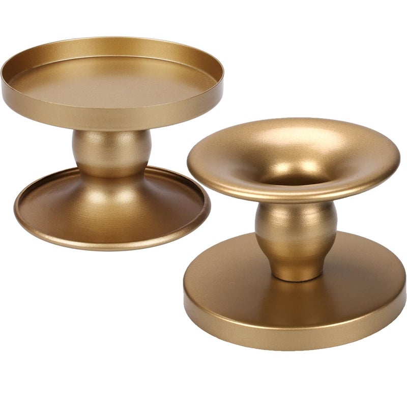 Auerllcy Table Gold Candle Holders â€“ Set of 2 | Reversible Metal Candle Stand for Pillar & Taper Candles | Stylish Tabletop Candle Tray for Home DÃ©cor, Weddings & Special Occasions (Gold) - Image 1