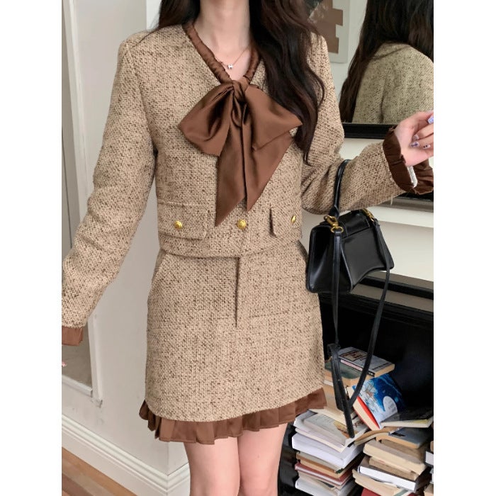 Autumn and Winter 2024 New Fashion Chanel Style Dress Womens Stylish Bow Short Jacket Skirt Two-Piece Set Two-piece set*8112 with lining
