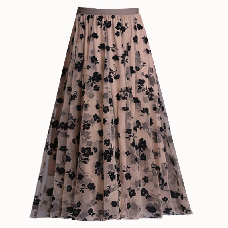 Double-sided Flocking Mesh Skirt Women's Slimming Mid-length New Spring High Waist A- line Skirt Pleated Skirt Large Swing  - Image 2