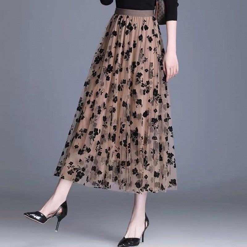 Double-sided Flocking Mesh Skirt Women's Slimming Mid-length New Spring High Waist A- line Skirt Pleated Skirt Large Swing  - Image 5