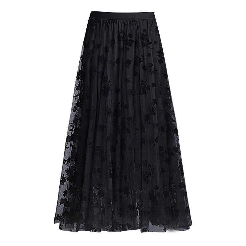 Double-sided Flocking Mesh Skirt Women's Slimming Mid-length New Spring High Waist A- line Skirt Pleated Skirt Large Swing  - Image 1