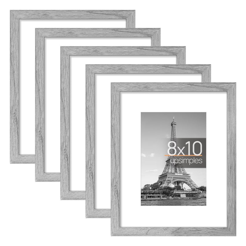 upsimples upsimples 8x10 Picture Frame Set of 5  Display Pictures 5x7 with Mat or 8x10 Without Mat  Wall Gallery Photo Frames  Gray