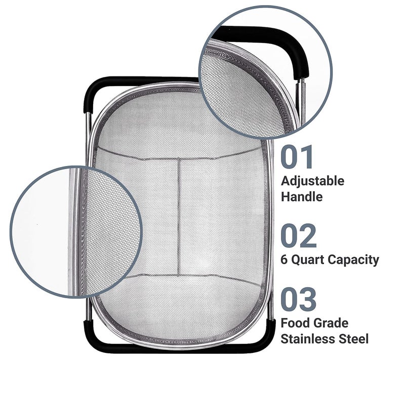 BIRZAR Over The Sink Colander Strainer Basket Stainless Steel for Kitchen Sink with Rubber Grip Fine Mesh Stainless Steel Large Expandable Metal Strainer for Pasta Food Vegetables - Image 4