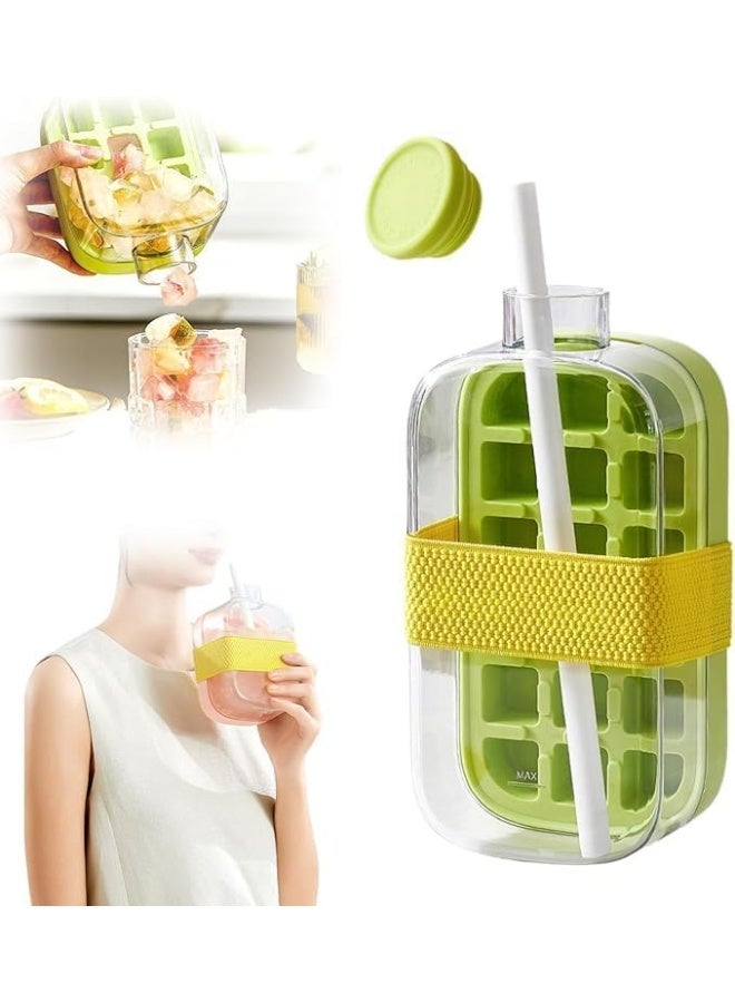 Ice Cube Bottle 800ml, 2 in 1, Touch-Free Ice Cube Tray Water Bottle with Lid and Bin, Flexible Silicone Ice Cube Molds with Straw, Reusable for Coffee, Juice, And Beverages - Image 1