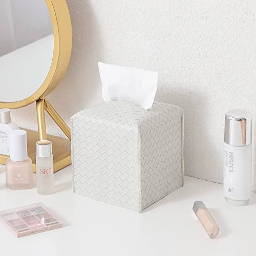 zoocatia Tissue Box Cover PU Leather Tissue Holder Square Facial Tissue Case Facial Paper Organizer Dispenser for Bathroom, Vanity Countertop, Tabletop, Car, Misty Gray - Image 3