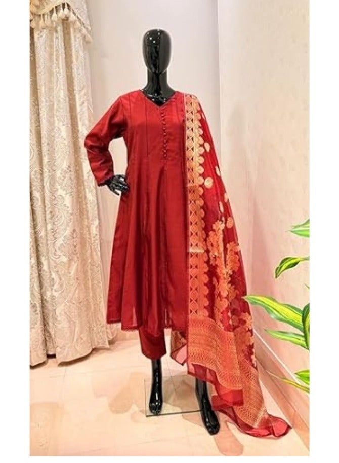 Winchell's Pakistani Traditional Anarkali Suit – Maroon Cotton with Gold Embroidered Dupatta, V-Neck Button Front, and Full-Length Flared Silhouette Large - Image 2