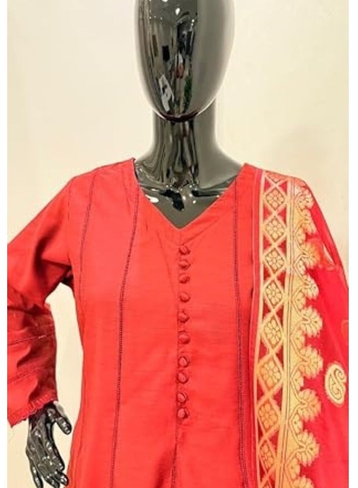 Winchell's Pakistani Traditional Anarkali Suit – Maroon Cotton with Gold Embroidered Dupatta, V-Neck Button Front, and Full-Length Flared Silhouette Large - Image 4