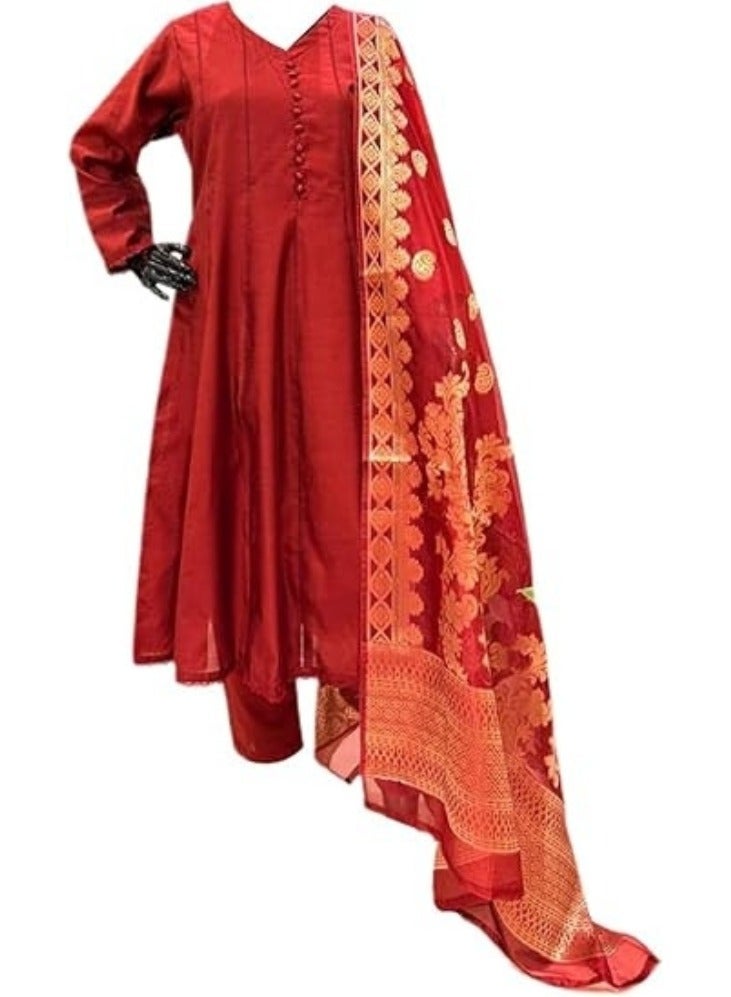 Winchell's Pakistani Traditional Anarkali Suit – Maroon Cotton with Gold Embroidered Dupatta, V-Neck Button Front, and Full-Length Flared Silhouette Large - Image 1