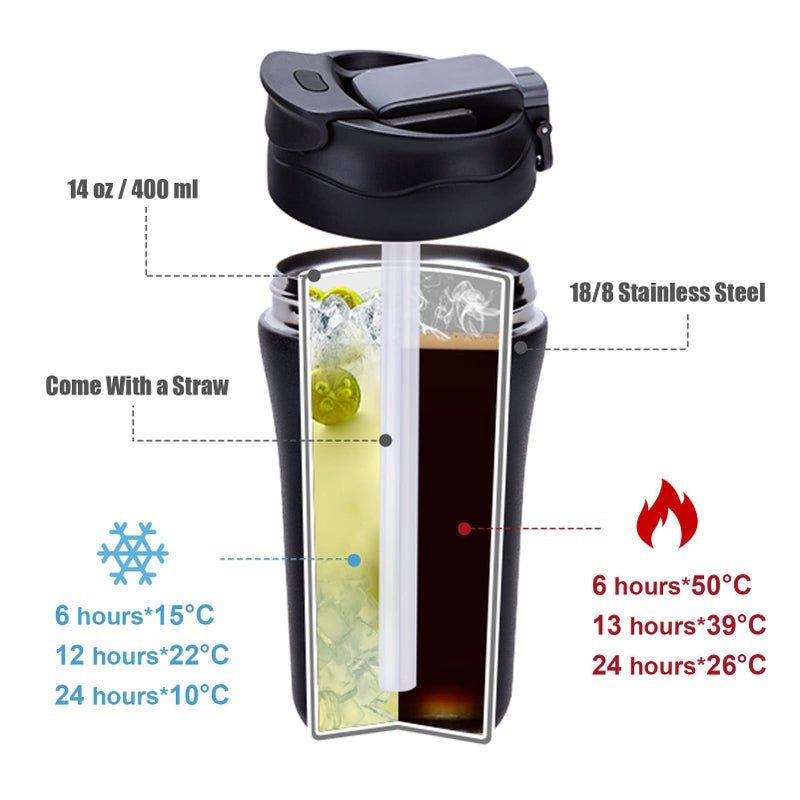 XPIY 14 oz Travel Coffee Mug, 2 Pack Vacuum Insulated Coffee Travel Mug Spill Proof with Lid and Straw, Stainless Steel Reusable Coffee Tumbler for Hot and Cold Drinks, Gift for Men and Women(Black Grey) - Image 3