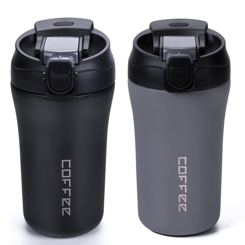 XPIY 14 oz Travel Coffee Mug, 2 Pack Vacuum Insulated Coffee Travel Mug Spill Proof with Lid and Straw, Stainless Steel Reusable Coffee Tumbler for Hot and Cold Drinks, Gift for Men and Women(Black Grey) - Image 1