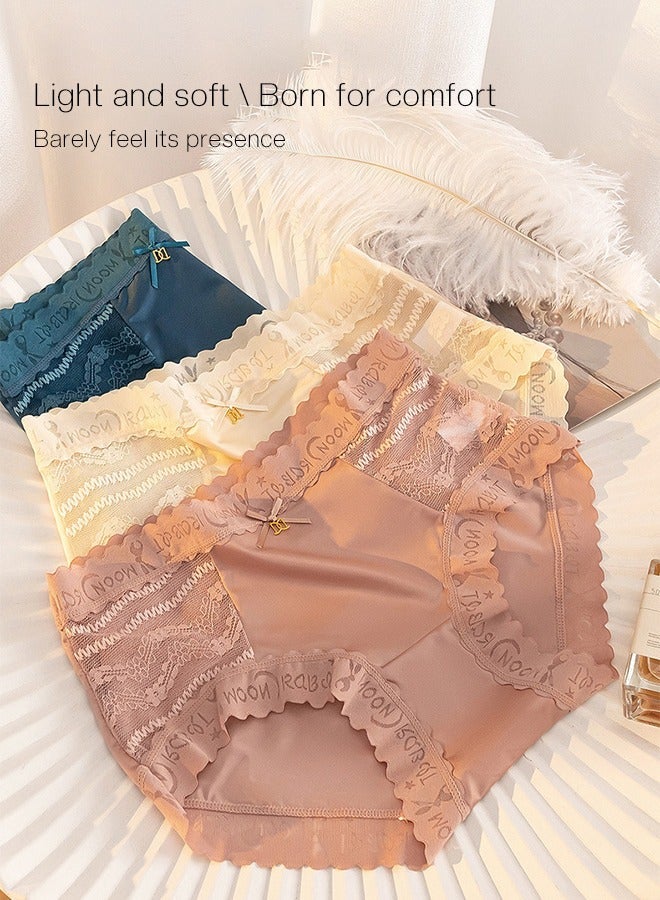 NIBEMINENT Set of 3 Ladies Lace Design Ice Silk Underwear Hygroscopic Breathable Sweet Girls Panties High Stretch Women Underpants Medium Waist - Image 1