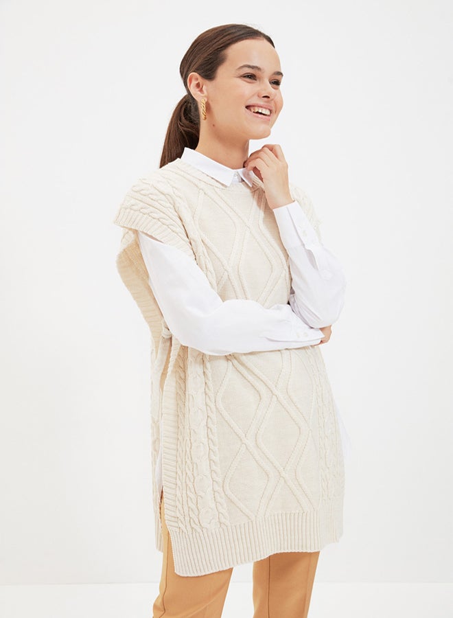 trendyol Beige Tie Waist Braided Knitwear Sweater TCTAW22UV0018 - Image 1