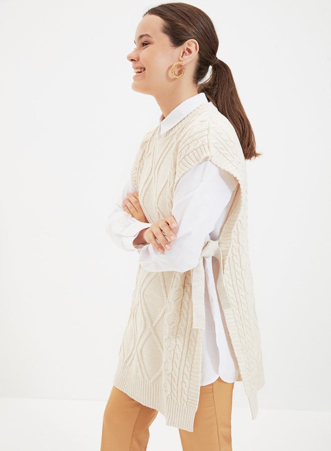 trendyol Beige Tie Waist Braided Knitwear Sweater TCTAW22UV0018 - Image 3