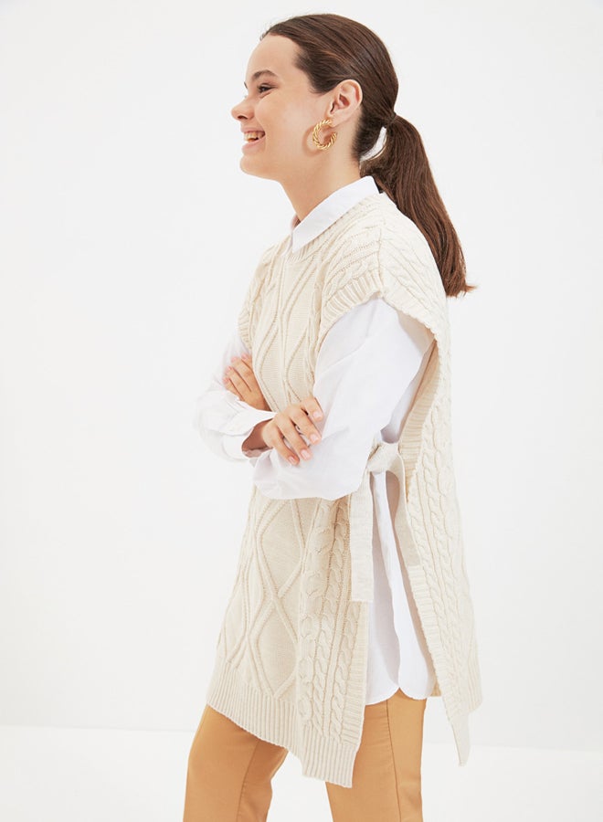 trendyol Beige Tie Waist Braided Knitwear Sweater TCTAW22UV0018  - Image 3