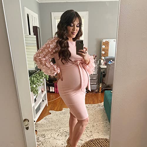 LAHILO Floral Mesh Bishop Long Sleeve Maternity Midi Dress, Fall Maternity Bodycon Dress for Baby Shower Pink - Image 3