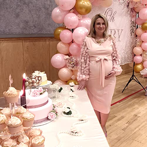 LAHILO Floral Mesh Bishop Long Sleeve Maternity Midi Dress, Fall Maternity Bodycon Dress for Baby Shower Pink - Image 2