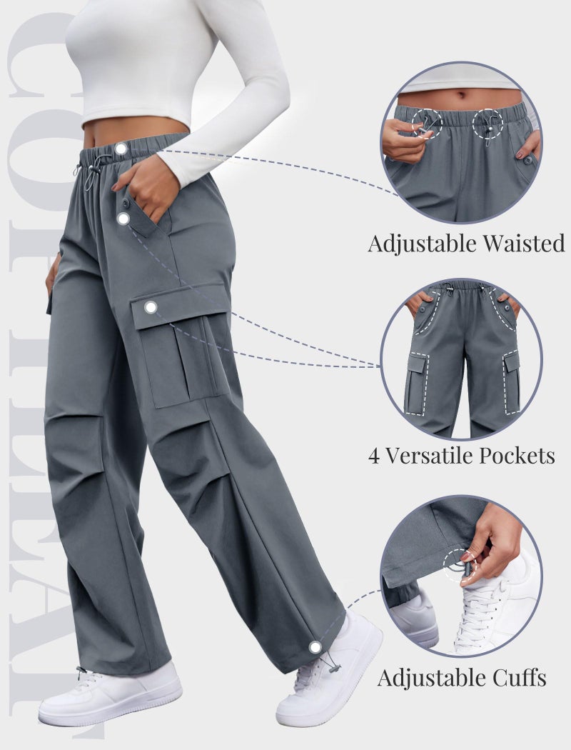 COPYLEAF Cargo Pants Women Elastic Waisted Parachute Hiking Pants with Pockets Water Resistant Lightweight Baggy Pants(Grey XL) - Image 5