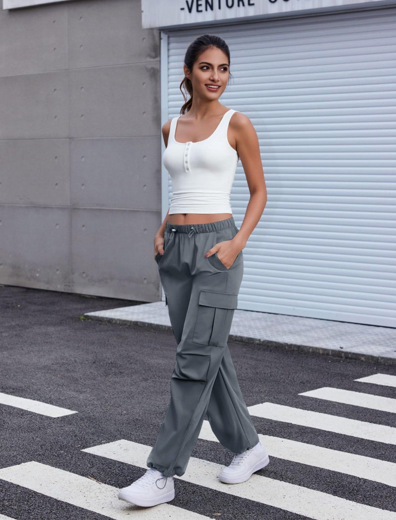 COPYLEAF Cargo Pants Women Elastic Waisted Parachute Hiking Pants with Pockets Water Resistant Lightweight Baggy Pants(Grey XL) - Image 4