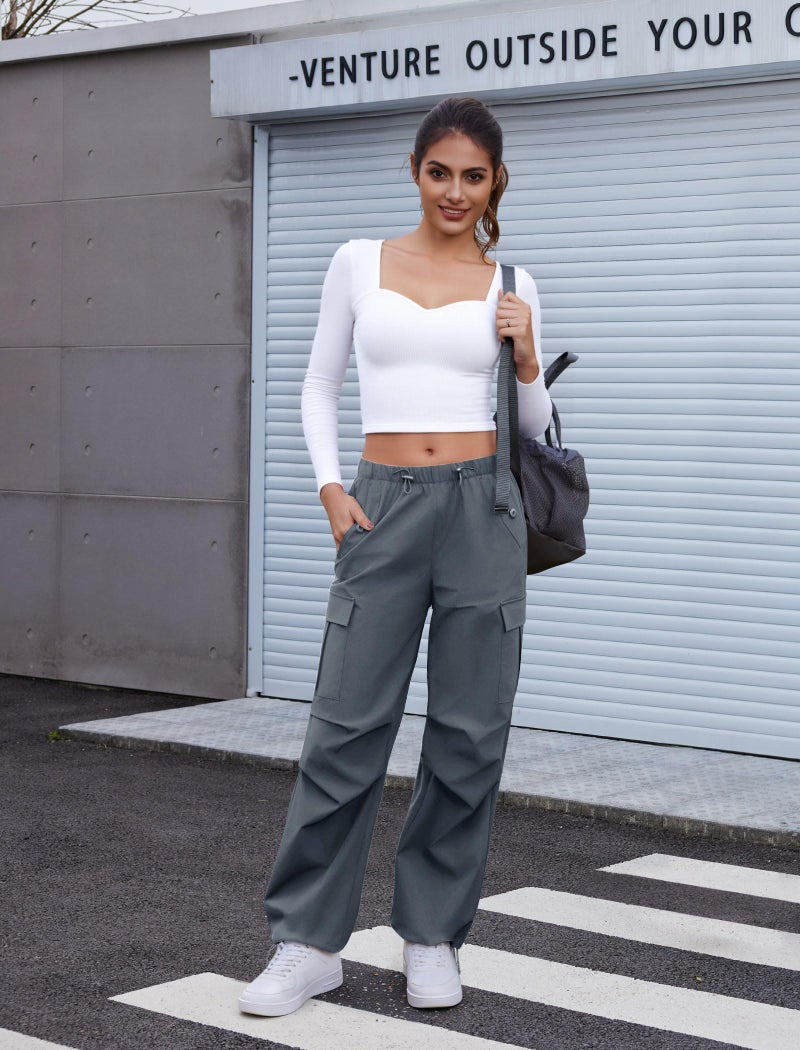 COPYLEAF Cargo Pants Women Elastic Waisted Parachute Hiking Pants with Pockets Water Resistant Lightweight Baggy Pants(Grey XL) - Image 3