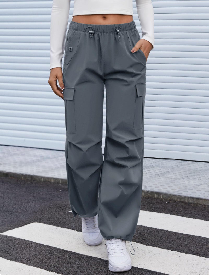 COPYLEAF Cargo Pants Women Elastic Waisted Parachute Hiking Pants with Pockets Water Resistant Lightweight Baggy Pants(Grey XL) - Image 2