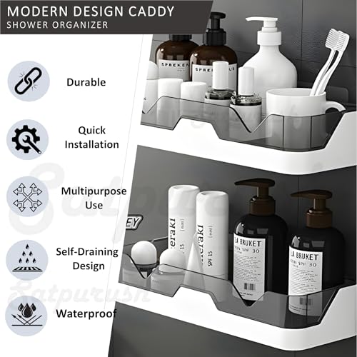 Satpurush Plastic Bathroom Accessories, Bathroom Rack, Bathroom Shelf Organizer, Wall Mounted Shelf, Bathroom Hardware and Accessories, Storage Racks (2 Pack, Bath Shelf and 4 Hook, White,Black) - Image 2