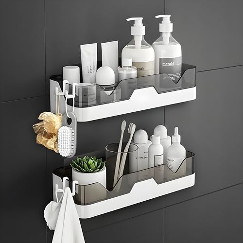 Satpurush Plastic Bathroom Accessories, Bathroom Rack, Bathroom Shelf Organizer, Wall Mounted Shelf, Bathroom Hardware and Accessories, Storage Racks (2 Pack, Bath Shelf and 4 Hook, White,Black) - Image 1