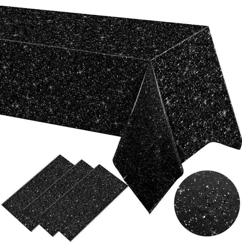 Remagr 54 x 108 Inch Glitter Tablecloth Sequin Sparkle Plastic Table Runner for Party Waterproof Rectangle Table Cover for BBQ Birthday Wedding Birthday Halloween Holiday DecorBlack3 Pcs