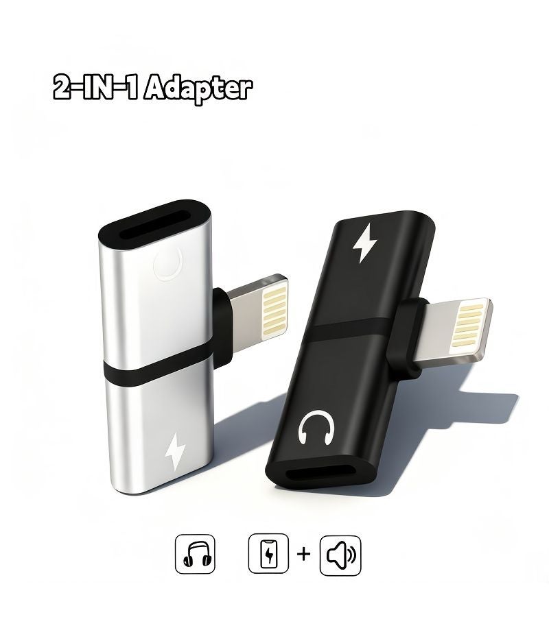 محول صوتي فضي ثنائي في واحد من نوع Lightning لشحن سريع مع خاصية التوصيل والتشغيل للشحن والاستماع إلى الموسيقى في وقت واحد، خفيف الوزن ومحمول للاستخدام اليومي في التنقل. - Image 2