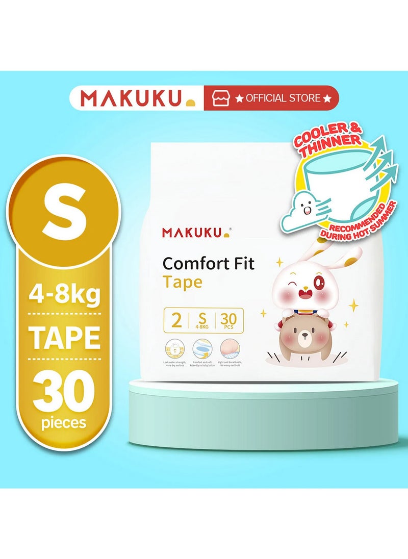 Makuku MAKUKU Comfort Fit Tape Style Diapers - Size 2 Small (4-8kg) 30pcs, 12hr Absorb, Leak Proof 