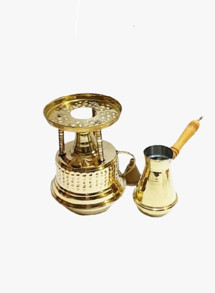سبرتاية نحاس منقوش بها ثلاث مقابض  من النحاس وقاعدة متزنة لعمل القهوة أو للتسخين مع كنكة من النحاس - Image 1