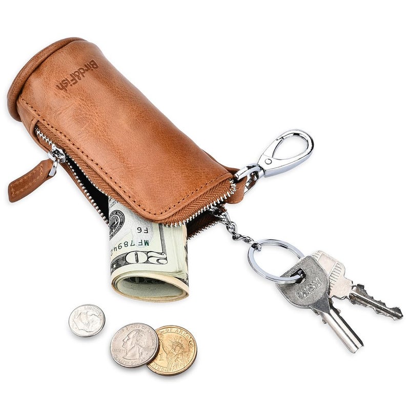 Bird&Fish Keychain Wallet for Women and Men, Genuine Leather Coin Purse with Key Ring, Multi Soft iris wallet, Small Zipper Change Pouch, Mini Key Pouch for Car Keys Accessory(Amber Brown) - Image 3