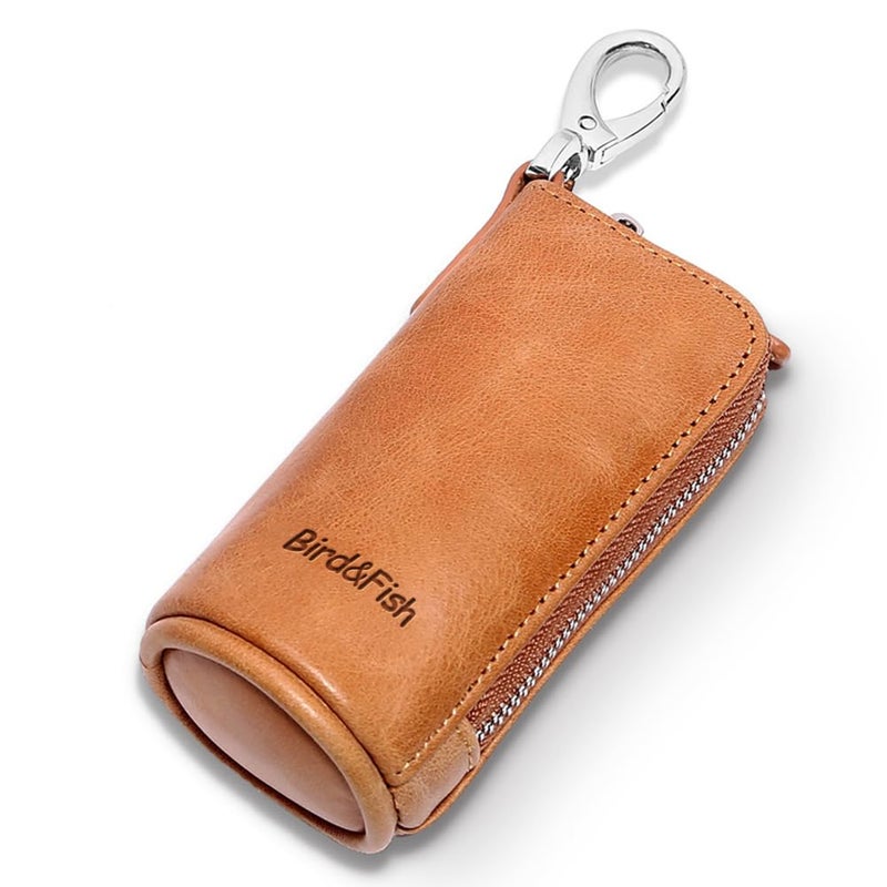 Bird&Fish Keychain Wallet for Women and Men, Genuine Leather Coin Purse with Key Ring, Multi Soft iris wallet, Small Zipper Change Pouch, Mini Key Pouch for Car Keys Accessory(Amber Brown) - Image 1