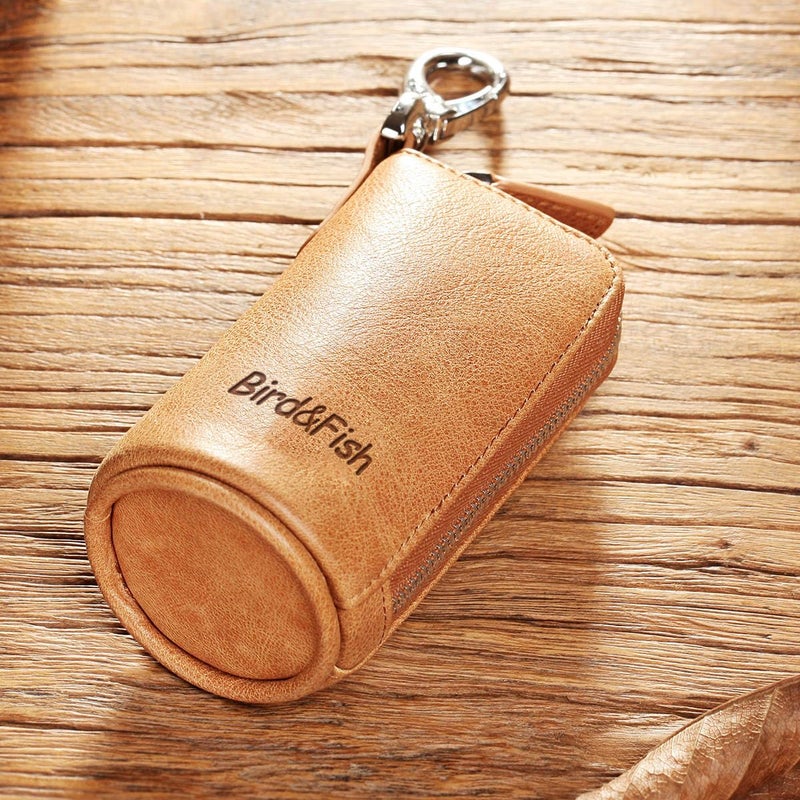Bird&Fish Keychain Wallet for Women and Men, Genuine Leather Coin Purse with Key Ring, Multi Soft iris wallet, Small Zipper Change Pouch, Mini Key Pouch for Car Keys Accessory(Amber Brown) - Image 2