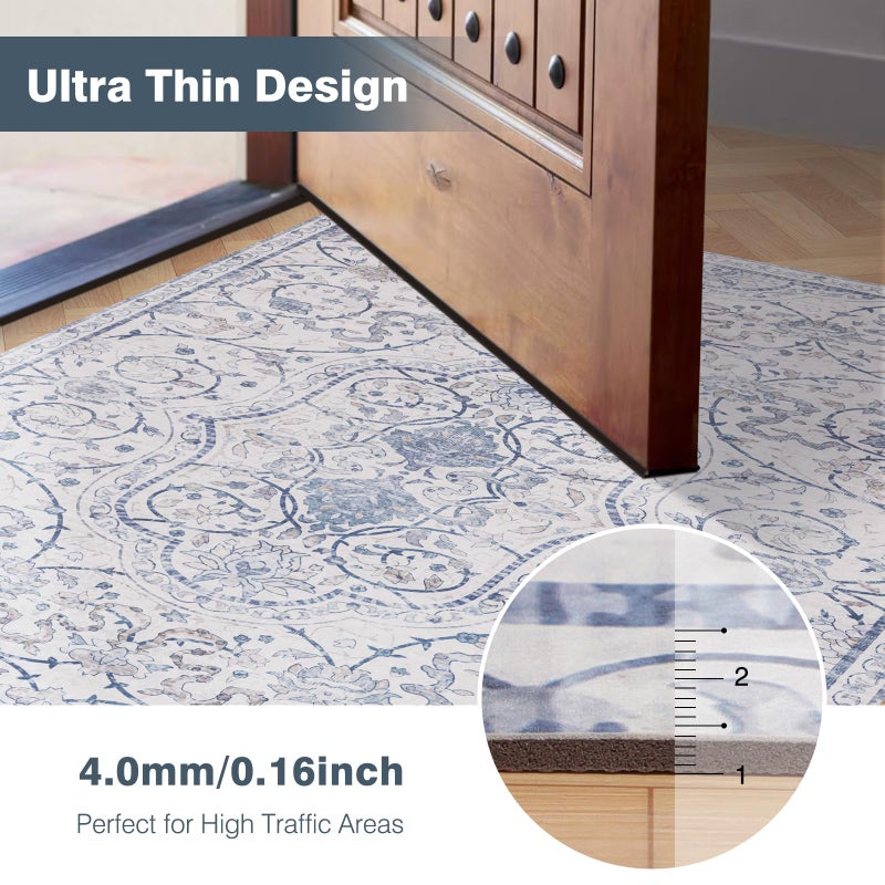 KEYDOL 5x7 Durable Vinyl Rugs for Living Room, Vintage Floral Pattern for Dining Room, Bedroom, Home Office, Bobo Blue Non-Slip Large Rugs for Indoor&Outdoor RV, Deck, Backyard, Balcony, Modern Home Decor - Image 5