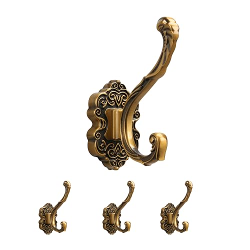 SDH Antique Brass Coat Hooks Heavy Duty Wall Mounted Vintage Decorative for Coats Towels Keys Purse Rust Resistant Easy Installation Kit Included Pack of 4 - Image 1