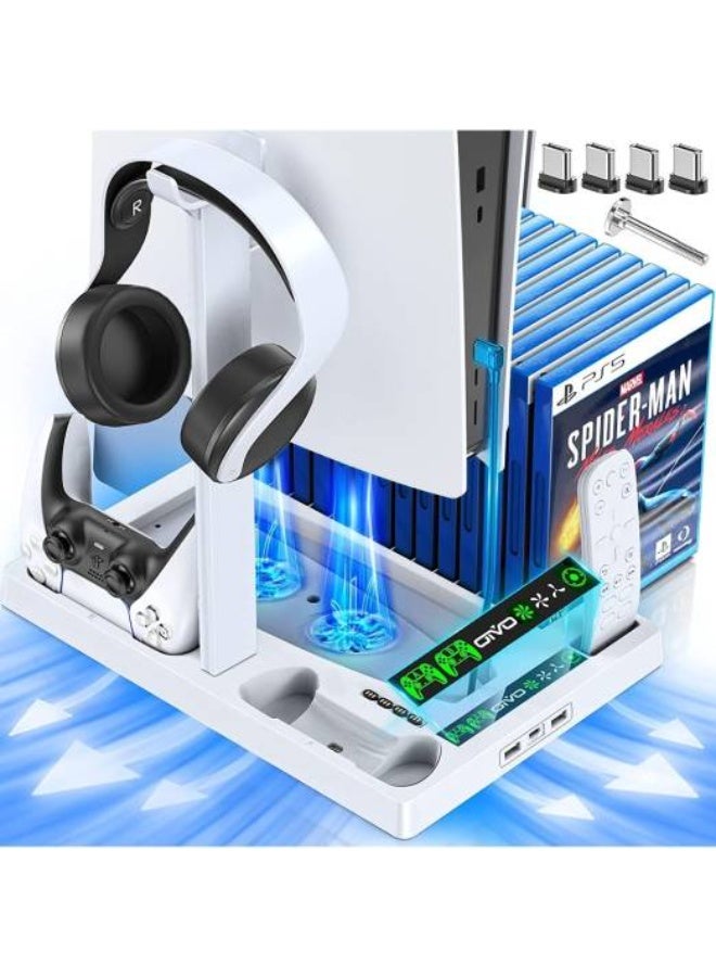 حامل وقاعدة تبريد لجهاز بلاي ستيشن 5/بلاي ستيشن 5 سليم/بلاي ستيشن 5 برو مع قاعدة شحن مزدوجة لوحدة تحكم بلاي ستيشن 5، ملحقات بلاي ستيشن 5، بما في ذلك شاحن وحدة التحكم، مروحة تبريد، حامل سماعة رأس، موزع 3 منافذ USB، لون أبيض - Image 1