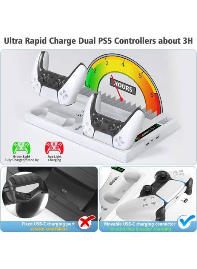 حامل وقاعدة تبريد لجهاز بلاي ستيشن 5/بلاي ستيشن 5 سليم/بلاي ستيشن 5 برو مع قاعدة شحن مزدوجة لوحدة تحكم بلاي ستيشن 5، ملحقات بلاي ستيشن 5، بما في ذلك شاحن وحدة التحكم، مروحة تبريد، حامل سماعة رأس، موزع 3 منافذ USB، لون أبيض - Image 5