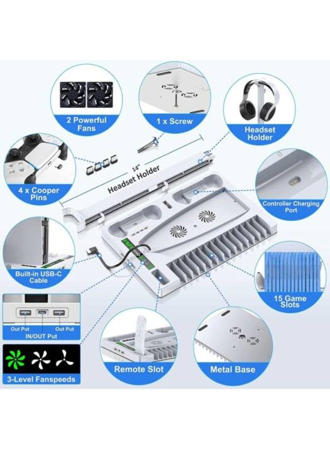 حامل وقاعدة تبريد لجهاز بلاي ستيشن 5/بلاي ستيشن 5 سليم/بلاي ستيشن 5 برو مع قاعدة شحن مزدوجة لوحدة تحكم بلاي ستيشن 5، ملحقات بلاي ستيشن 5، بما في ذلك شاحن وحدة التحكم، مروحة تبريد، حامل سماعة رأس، موزع 3 منافذ USB، لون أبيض - Image 3