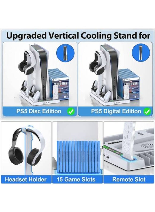 حامل وقاعدة تبريد لجهاز بلاي ستيشن 5/بلاي ستيشن 5 سليم/بلاي ستيشن 5 برو مع قاعدة شحن مزدوجة لوحدة تحكم بلاي ستيشن 5، ملحقات بلاي ستيشن 5، بما في ذلك شاحن وحدة التحكم، مروحة تبريد، حامل سماعة رأس، موزع 3 منافذ USB، لون أبيض - Image 2