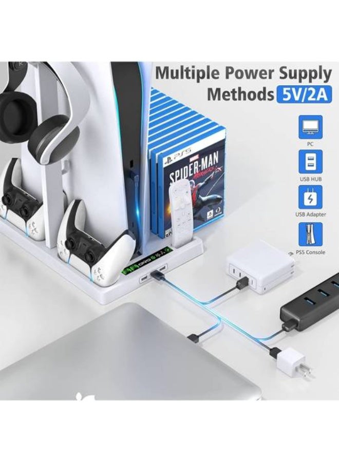 حامل وقاعدة تبريد لجهاز بلاي ستيشن 5/بلاي ستيشن 5 سليم/بلاي ستيشن 5 برو مع قاعدة شحن مزدوجة لوحدة تحكم بلاي ستيشن 5، ملحقات بلاي ستيشن 5، بما في ذلك شاحن وحدة التحكم، مروحة تبريد، حامل سماعة رأس، موزع 3 منافذ USB، لون أبيض - Image 4