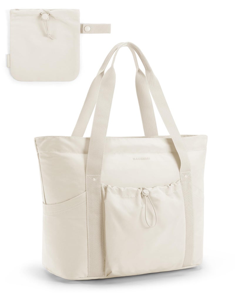 BAGSMART BAGSMART Women Foldable Tote Bag with Drawstring Storage Bag, Large Tote Bag Shoulder Bag Top Handle Handbag for Travel, Work, Beach, Gym, Shop, (Beige)  - Image 1