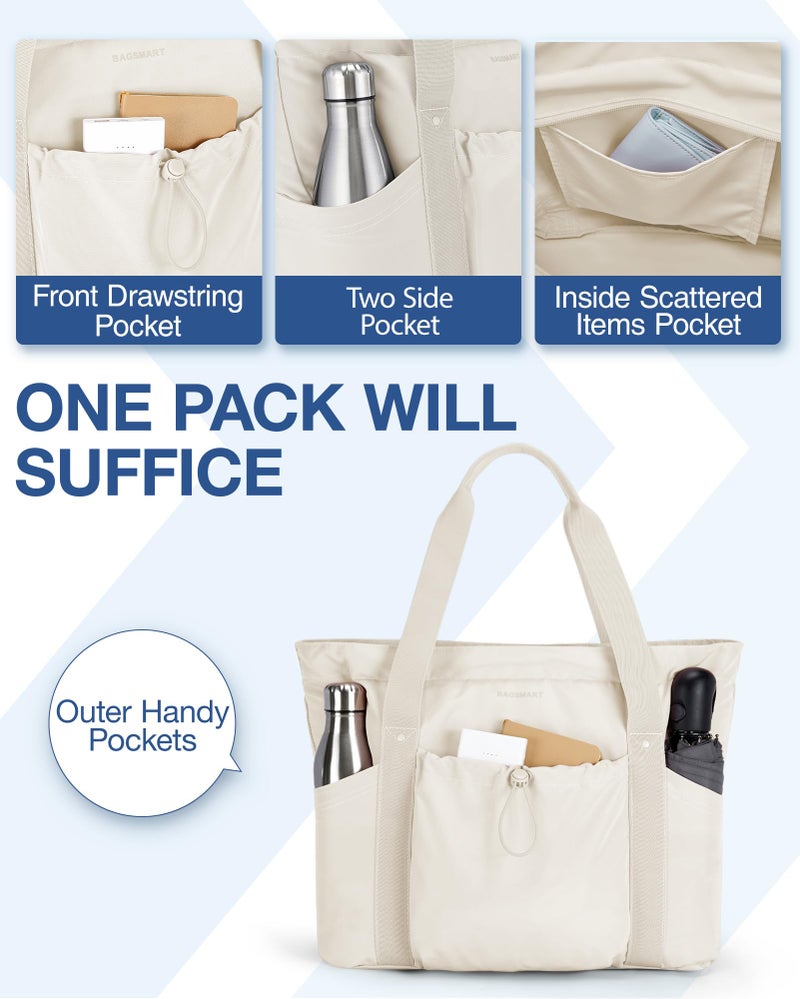 BAGSMART BAGSMART Women Foldable Tote Bag with Drawstring Storage Bag, Large Tote Bag Shoulder Bag Top Handle Handbag for Travel, Work, Beach, Gym, Shop, (Beige)  - Image 4