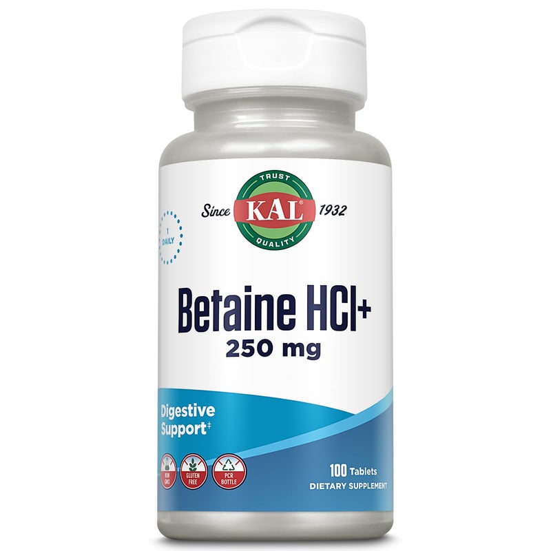 KAL Betaine HCL with Pepsin Digestive Health Supplement with 250mg Betaine Hydrochloride Plus 130mg Pepsin Gluten Free NonGMO 60Day Guarantee Rapid Disintegration Tablets 100 Servings 100ct