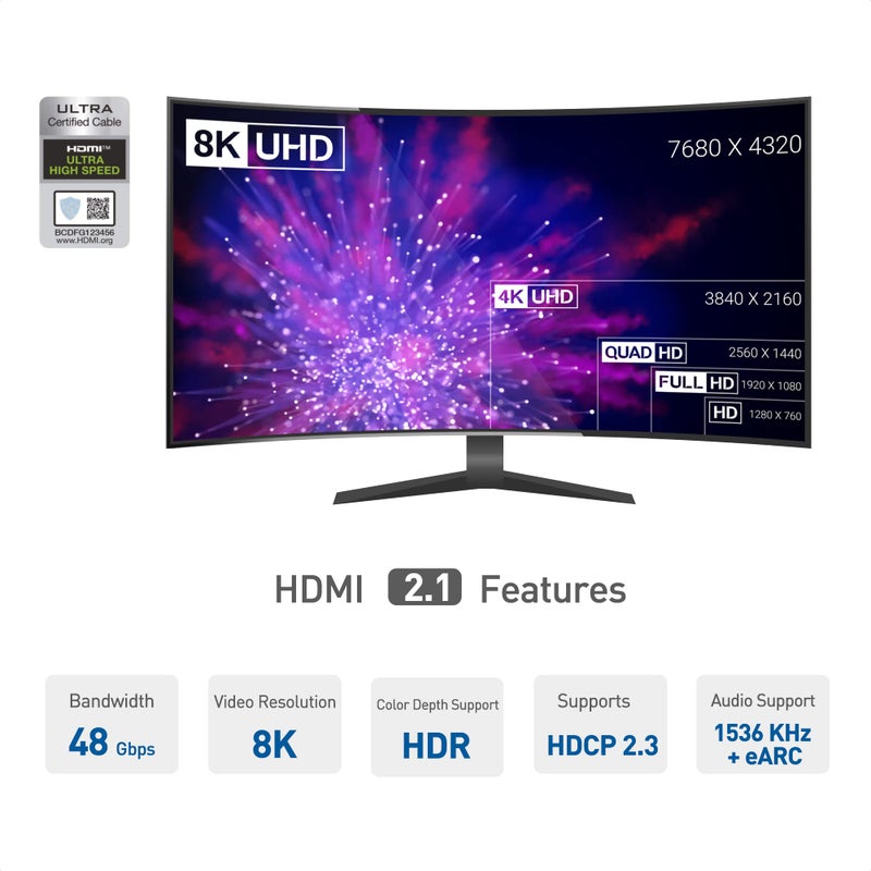 Cable Matters كابل ماترز [معتمد بسرعة فائقة HDMI] كابل HDMI 8K بطول 25 قدم / 7.6 متر بسرعة 48Gbps مع دعم 8K@60Hz، 4K@240Hz و HDR لجهاز PS5، Xbox Series X/S، RTX3080/3090، RX 6800/6900، Apple TV، وأكثر - Image 2